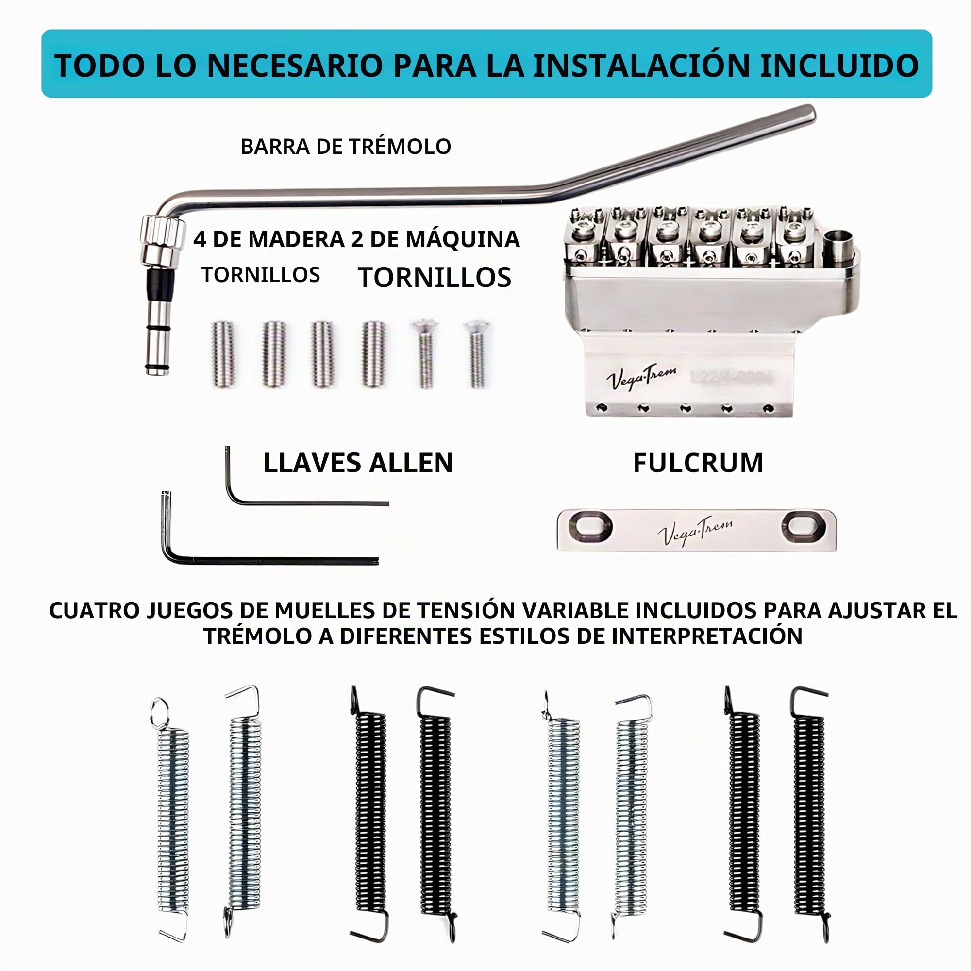 Vega-Trem VT1 Puente de Trémolo de 2 Puntos Brillante para Guitarra Stratocaster Para Strat Sin Modificaciones Fácil Instalación