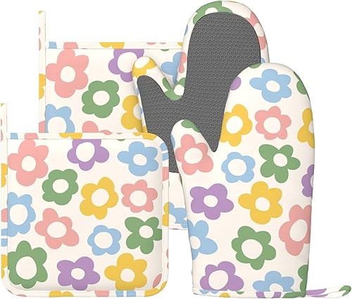 Miniatura 9 de Juego de 4 manoplas de horno y soportes para ollas retro de los años 70 con diseño de hongos hippie, de silicona, resistentes al calor, guantes