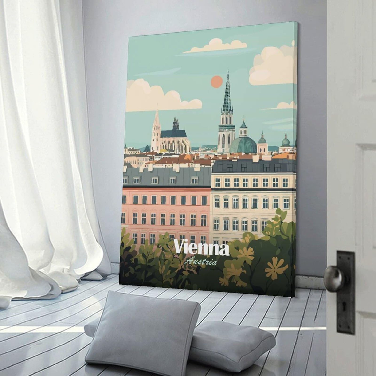 Junmoney Vienna, Austria Cityscape Illustration Wall Art Print, 24x36inch(60x90cm), for Office, Study Or Home Workspace, Decorative Artwork for Productive Spaces
