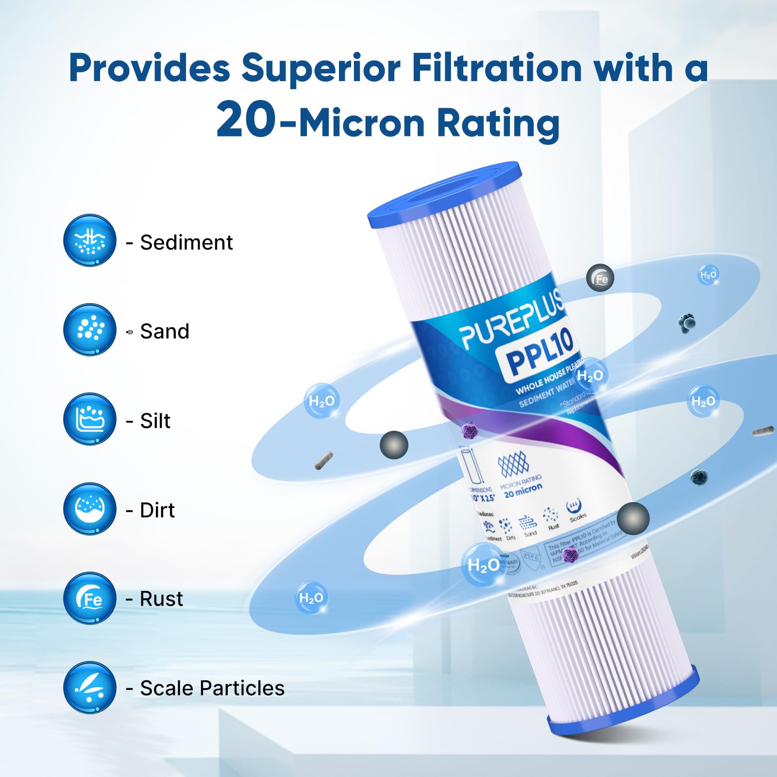 PUREPLUS Filtro per sedimenti pieghettato per acqua di pozzo, 20 micron, 25,4 x 6,3 cm, cartuccia di ricambio per sistema universale RO da 25,4 cm, W50PE, WFPFC3002, SPC-25-1050, FM-50-975, 801-50, WB