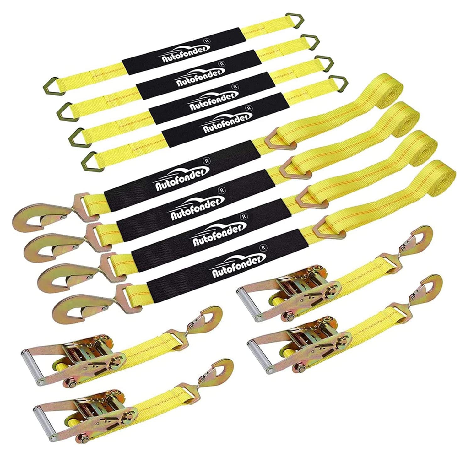 Autofonder Heavy Duty Adjustable Car Tie Down Kit with Snap Hooks -Break Strength 10,000 lbs-Working Load 3333 lbs-Bonus Includes 4 Pack 36" Axle Straps with D-Ring(Yellow)