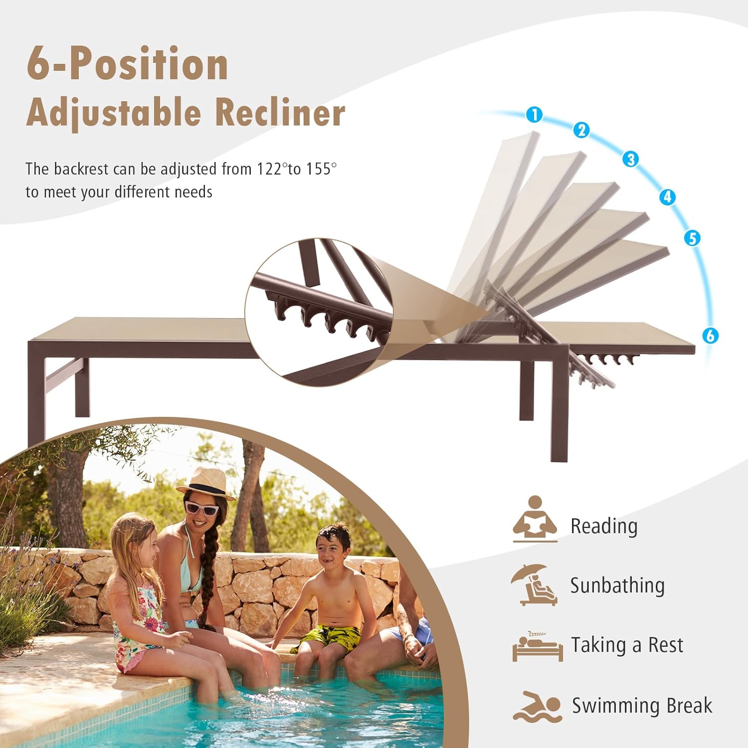 Giantex Patio Chaise Lounge Chair, Outdoor Sunbathing Chair Lawn Reclining Lounger with 6 Adjustable Position, Aluminium Frame, Outside Tanning Chairs for Deck,Yard, Pool Lounge Chairs (2, Brown)