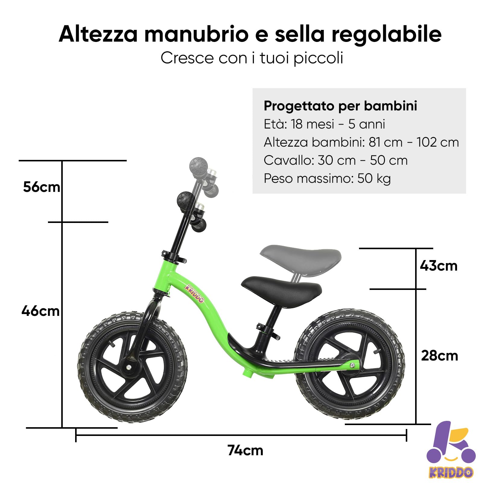 KRIDDO Bicicletta Senza Pedali per Bambini di 2 Anni, Età 24 Mesi a 5 Anni, Bicicletta Interattiva per Apprendimento Precoce con Stabilità, Regalo per Bambini e Bambine di 2-5 Anni