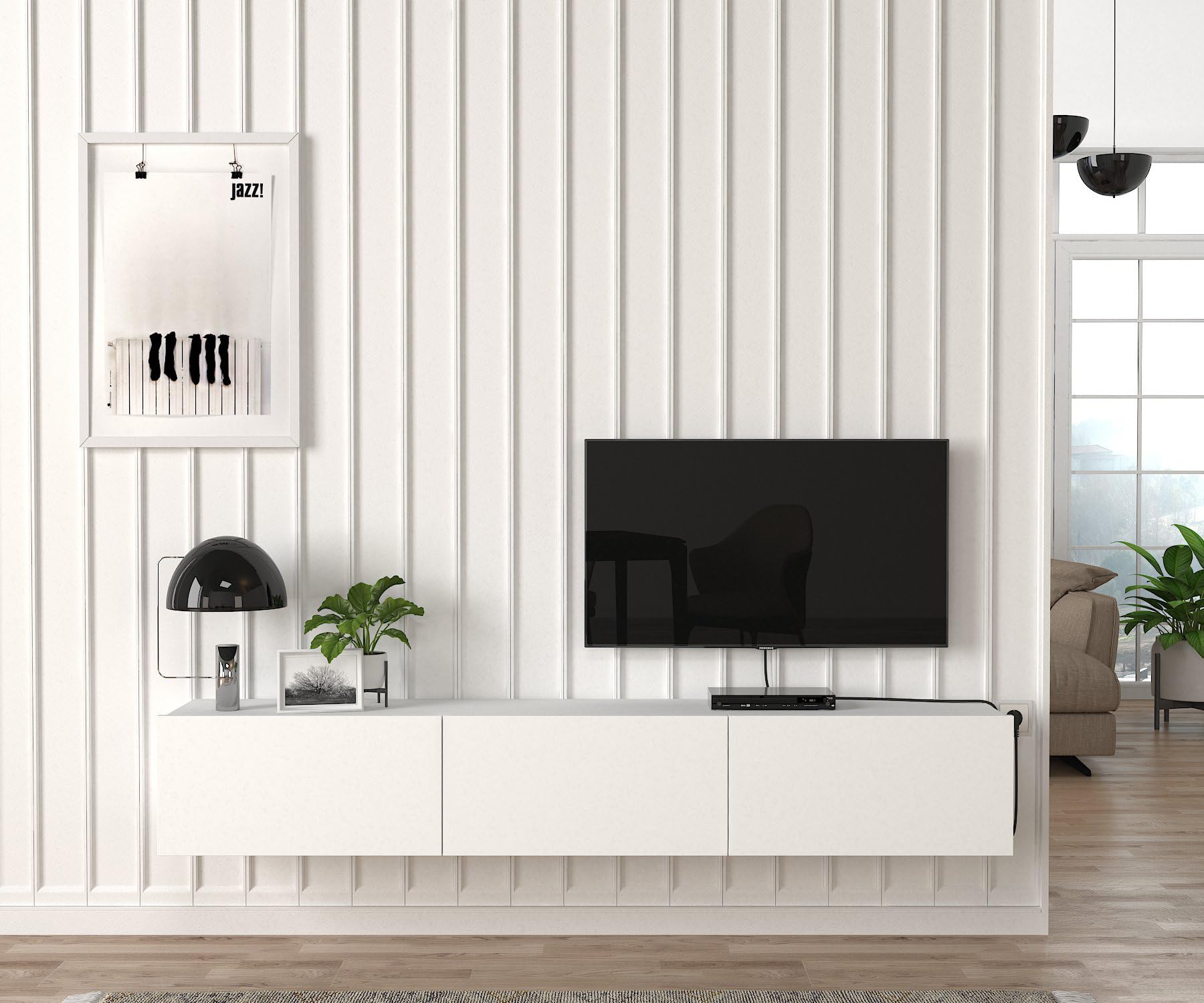 Damla TV Lowboard hängend – 3 Fächer, grifflose Türen, 180 x 29,5 x 29,5 cm, Weiß