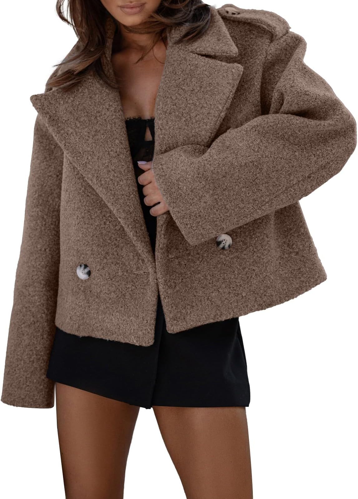 Women Crop Coat Wool Blend Work Lapel Collar Short Winter Jacket Trench Coat Outerwear Windbreaker Fuzzy Coats