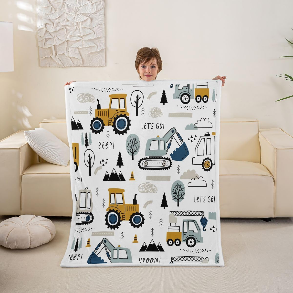 Feelyou Kids Construction Fleece Throw Blanket Equipment Trucks Plush Blanket Excavator Tractor White Yellow Fuzzy Blanket Twin 60"x80"
