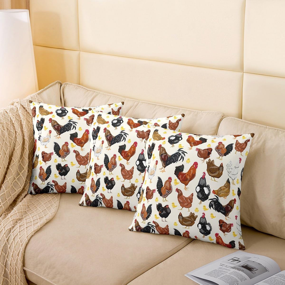 Feelyou Chicken Pillow Covers Home Decor Cute Chicken Pattern Reversible Throw Pillow Covers for 3D Animals Theme Square Cushion Covers Set of 2 24 x 24-Inch