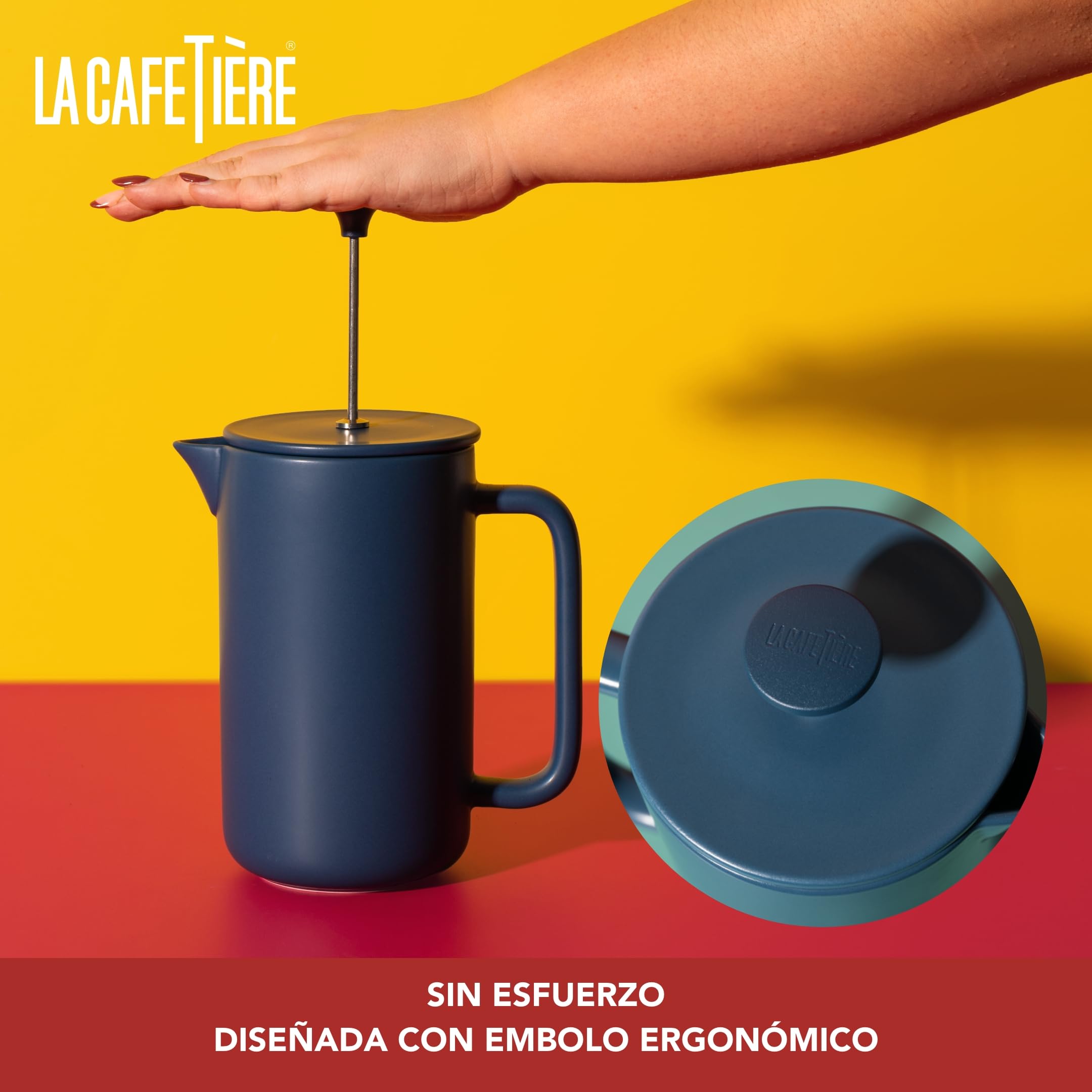 La Cafetière Arezzo - Cafetera grande de prensa francesa de 8 tazas, cerámica de gres resistente al calor con émbolo de fácil agarre, ideal para té suelto y café molido, azul marino
