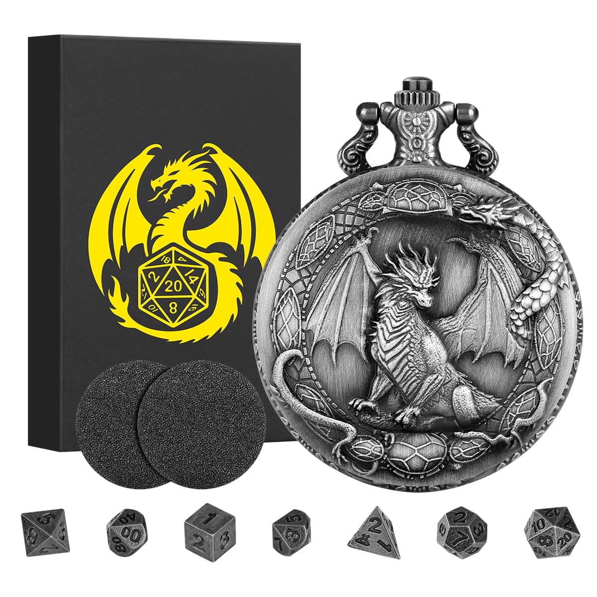 Mini DND Dice Set including Border Standing Dragon Pattern Pocket Watch Shell Case, DND Starter Set