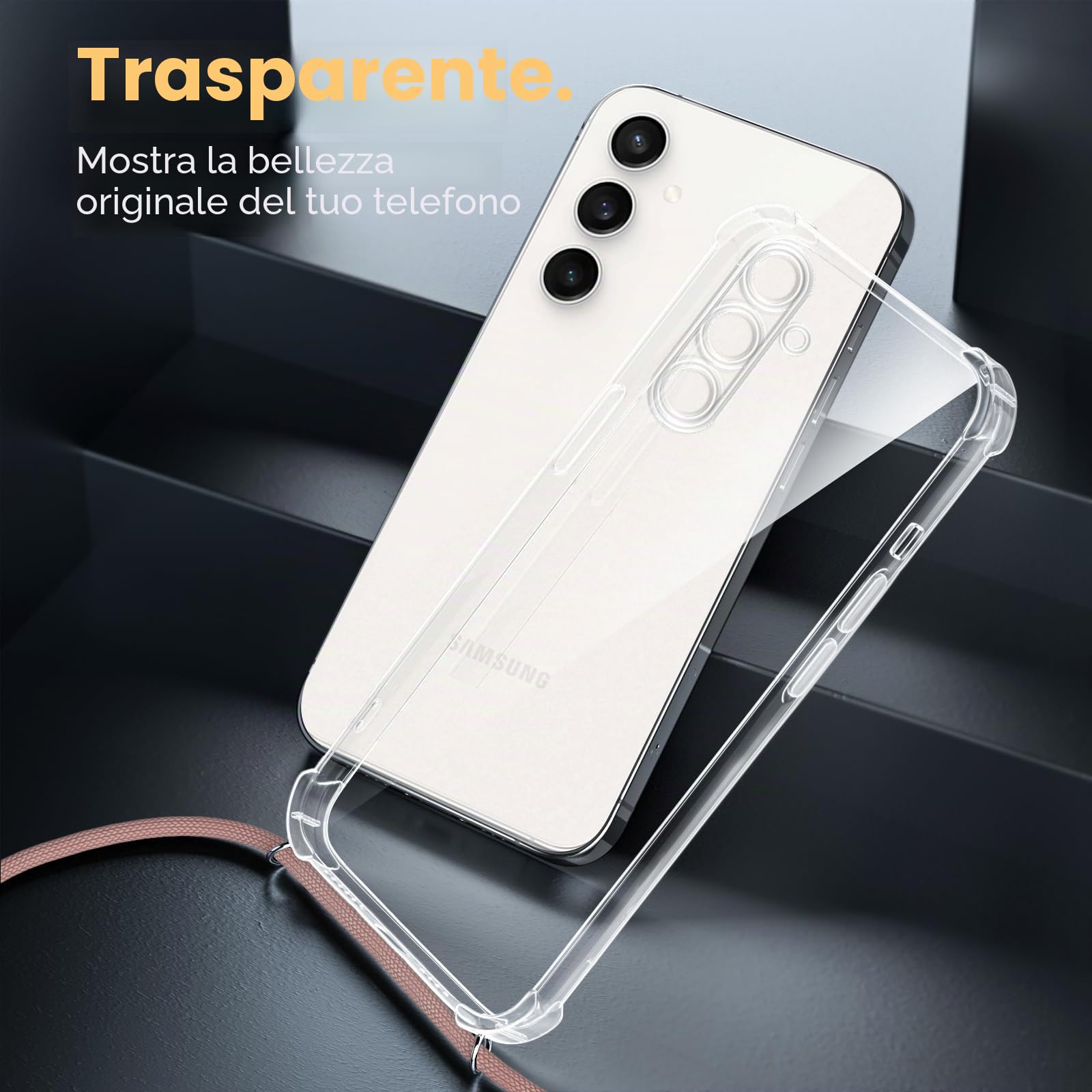 XTCASE Cover per Samsung Galaxy A56 5G con Cordino, Trasparente Custodia con Laccio Collo Tracolla Corda Cinghia, Ultra Sottile Morbido TPU Silicone Antiurto AntiGraffio Case, Oro Rosa