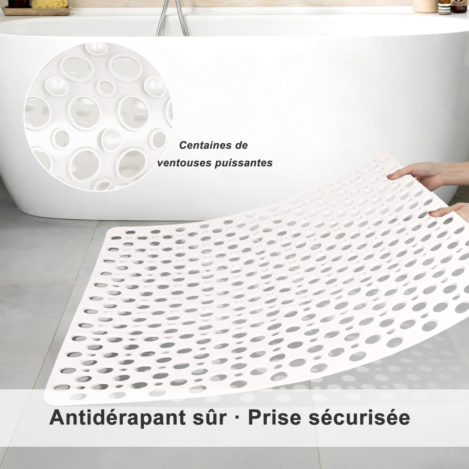 Tapis de douche antidérapant - 80 x 120 cm - En TPE souple - Antidérapant - Avec ventouses - Extra long - Sans BPA - Grand tapis de douche antidérapant à séchage rapide (grand blanc, 80 x 120 cm)