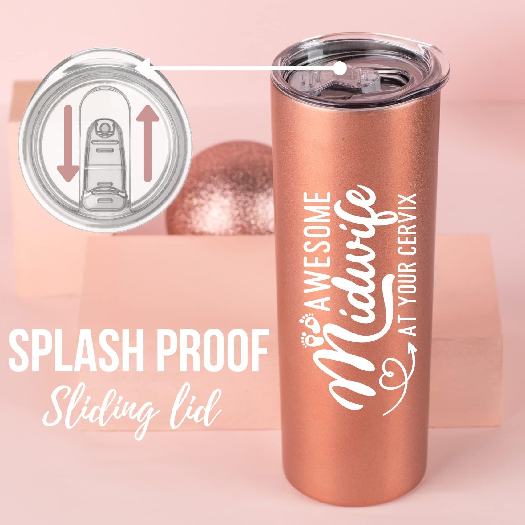Onebttl Midwife Gifts for Women, Obgyn Doula Gifts for Doctors Nurse, 20oz Skinny Vacuum Insulated Travel Mug Tumbler for Coworkers, Rose Gold, Awesome Midwife