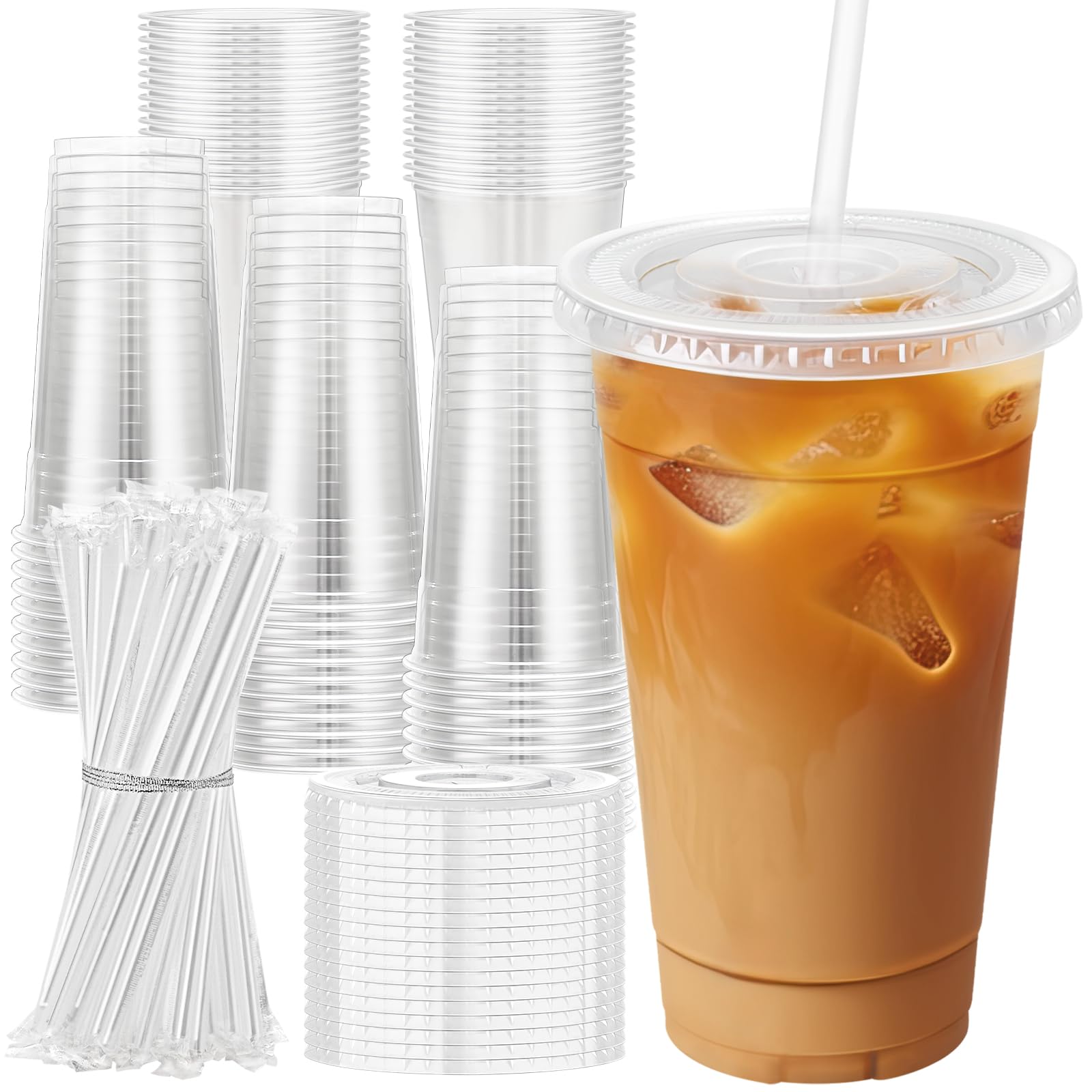 Lamosi 100 Pack 24 oz Plastic Coffee Cups with Lids, Disposable Clear Cups