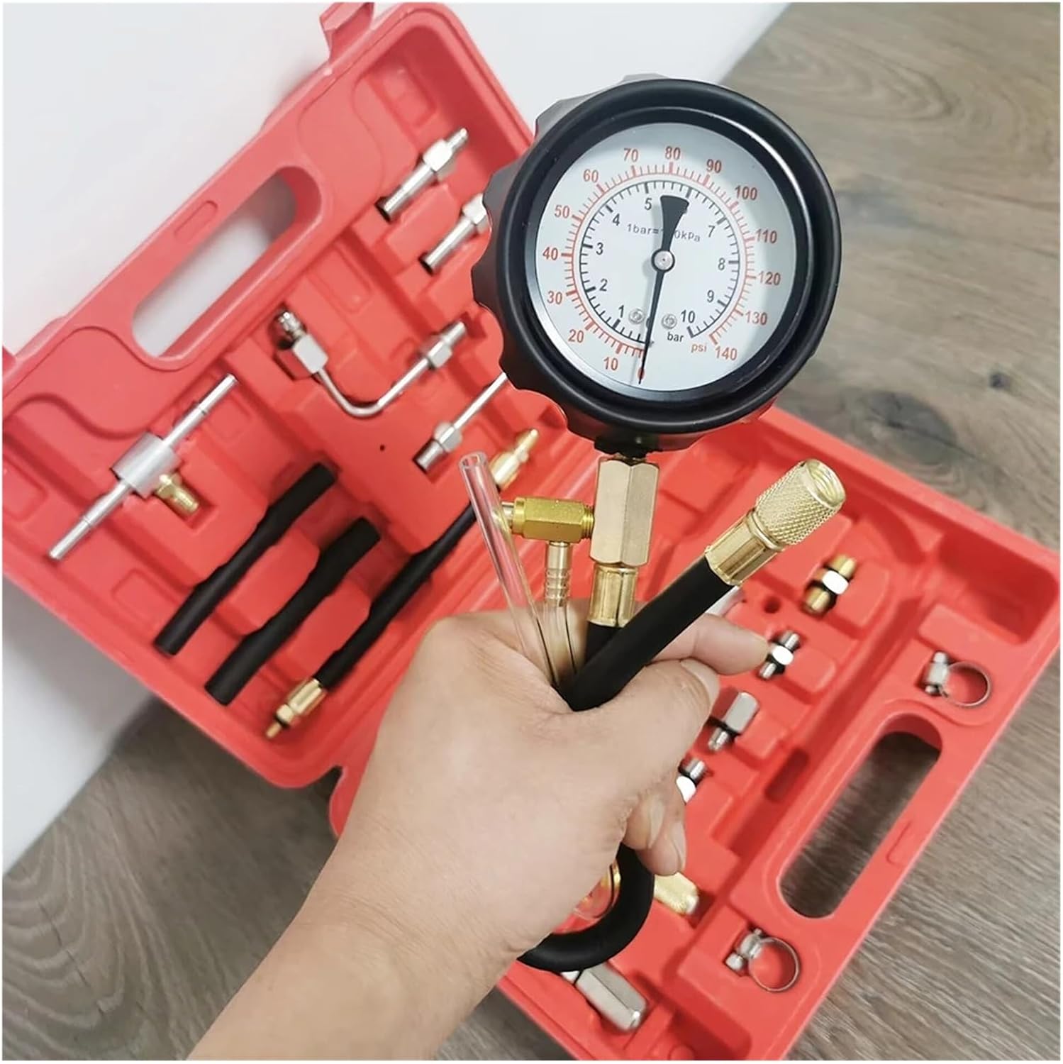 TU-QP4129 Fuel Injector Pressure Gauge Tester Kit Diesel Engine Compression 0-140 PSI Gas Oil Pressure Tools Compatible with Car Motorcycle