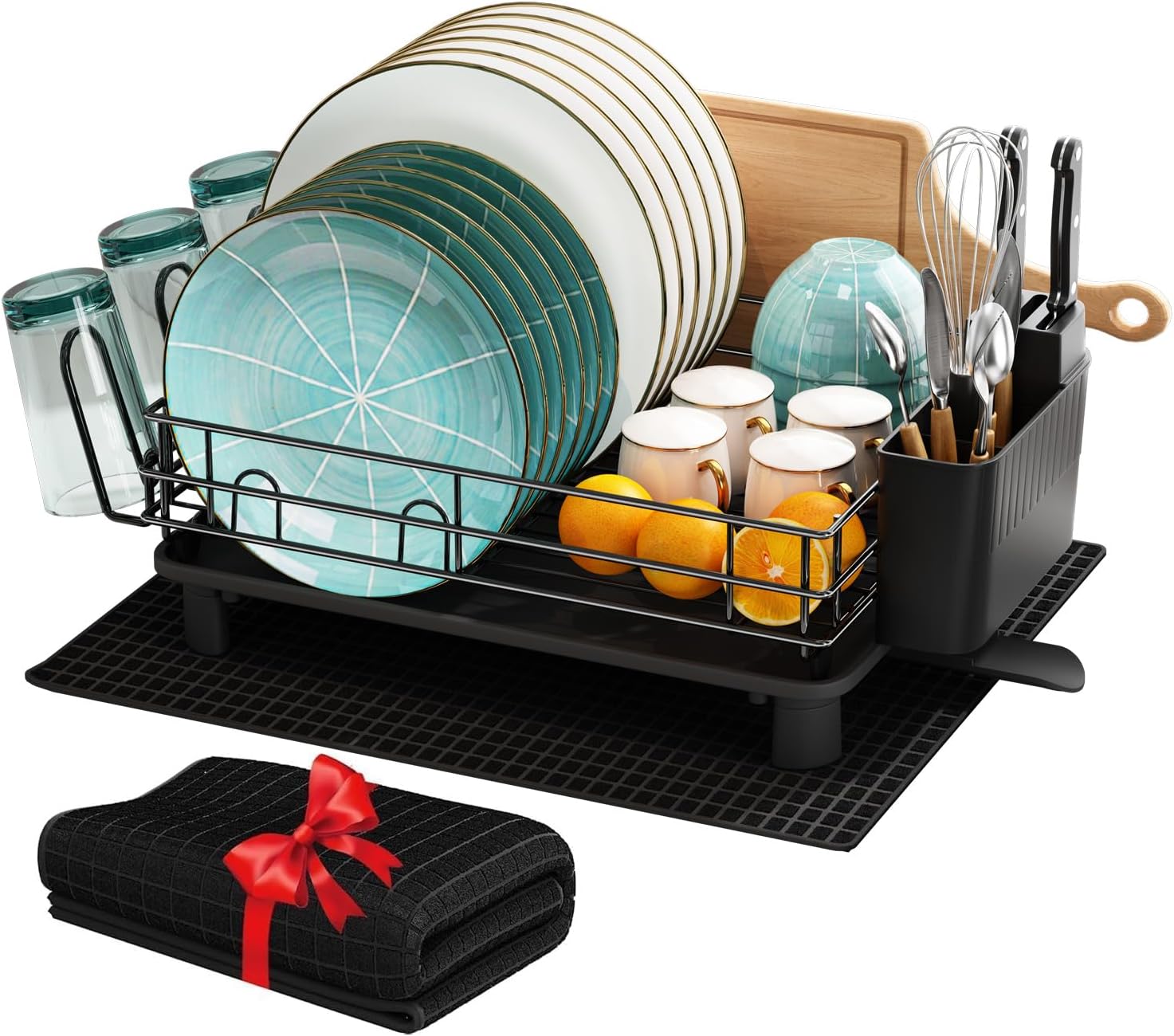 MAJALiS Dish Drying Stand, Large Dish Drying Rack for Counter Kitchen Rack, Stainless Steel Dish Rack with Utensil Holder and Dryer Mat, Dish Drainer Rack Draining Board Rack (Black - One Tier)