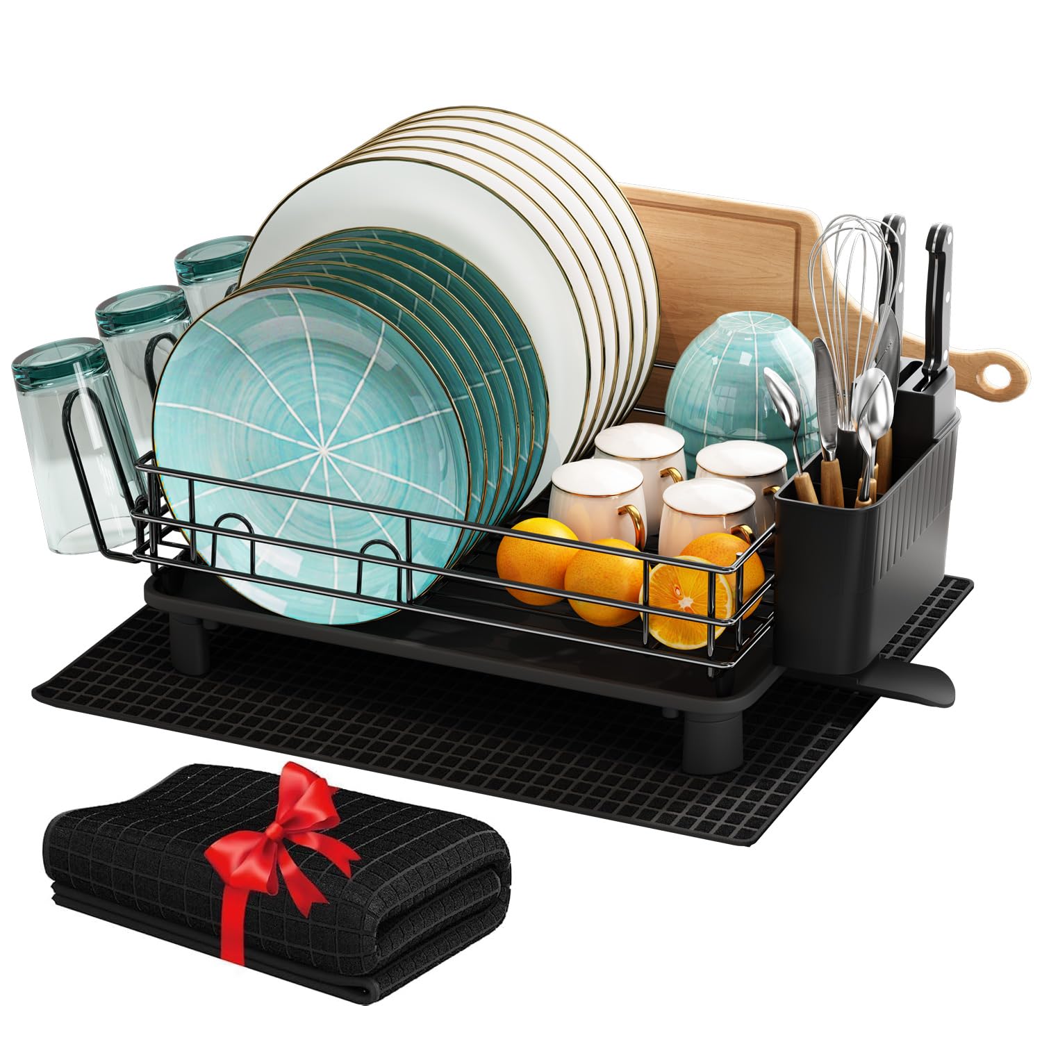 Dish Drying Stand, Large Dish Drying Rack for Counter Kitchen Rack, Stainless Steel Dish Rack with Utensil Holder and Dryer Mat, Dish Drainer Rack Draining Board Rack (Black - One Tier)