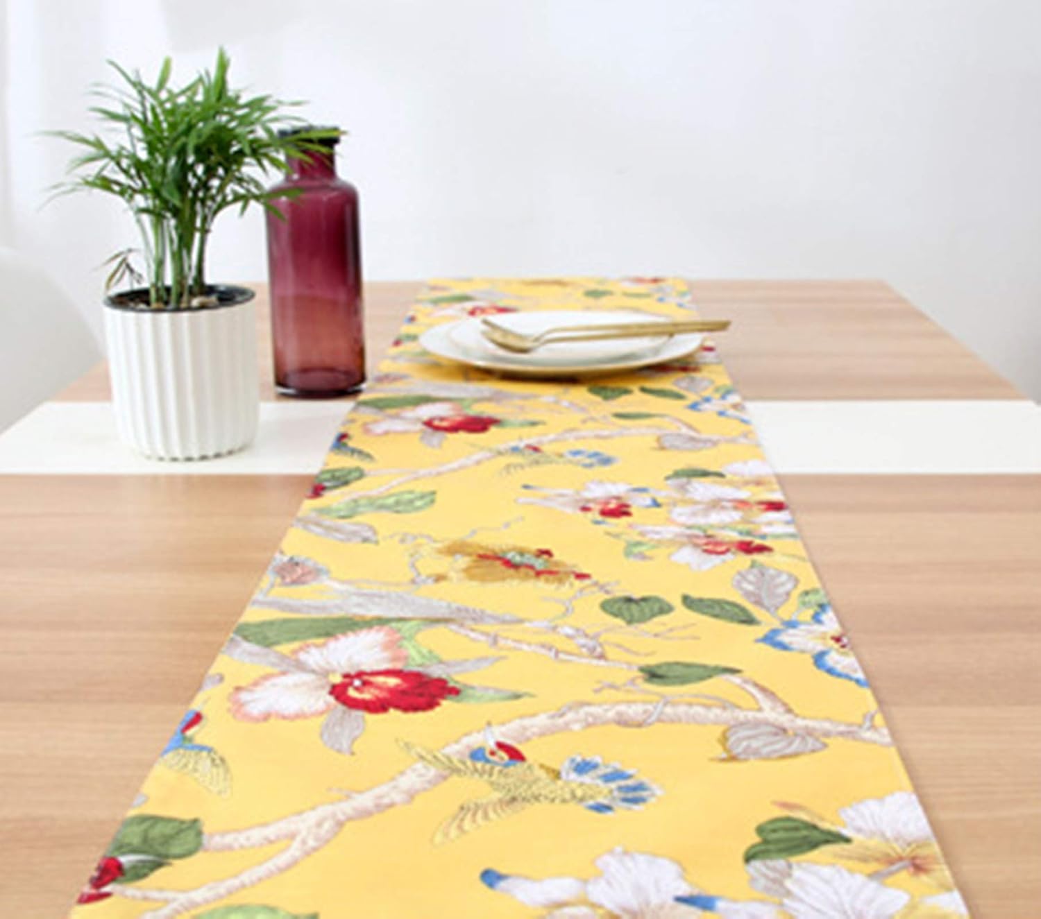Table Runner, Cotton Flower Pattern with Tassel Table Runner for End Table Coffee Table Buffet Yellow, 11.81 x 78.74 Inches