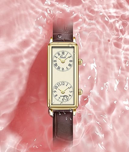 Miniatura 5 de Gosasa Womens Vintage Rectangle Watch Dual Time Zone Waterproof Ladies Quartz Analog Watch for Small Wrist with Two Dials, Roman & Arabic Numerals,