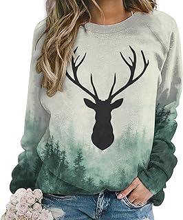 ZOCAVIA Womens Moose Forest Sweatshirts Fall Fashion Long Sleeve Crewneck Pullover Tops Vintage Deer Graphic Shirts Oversized