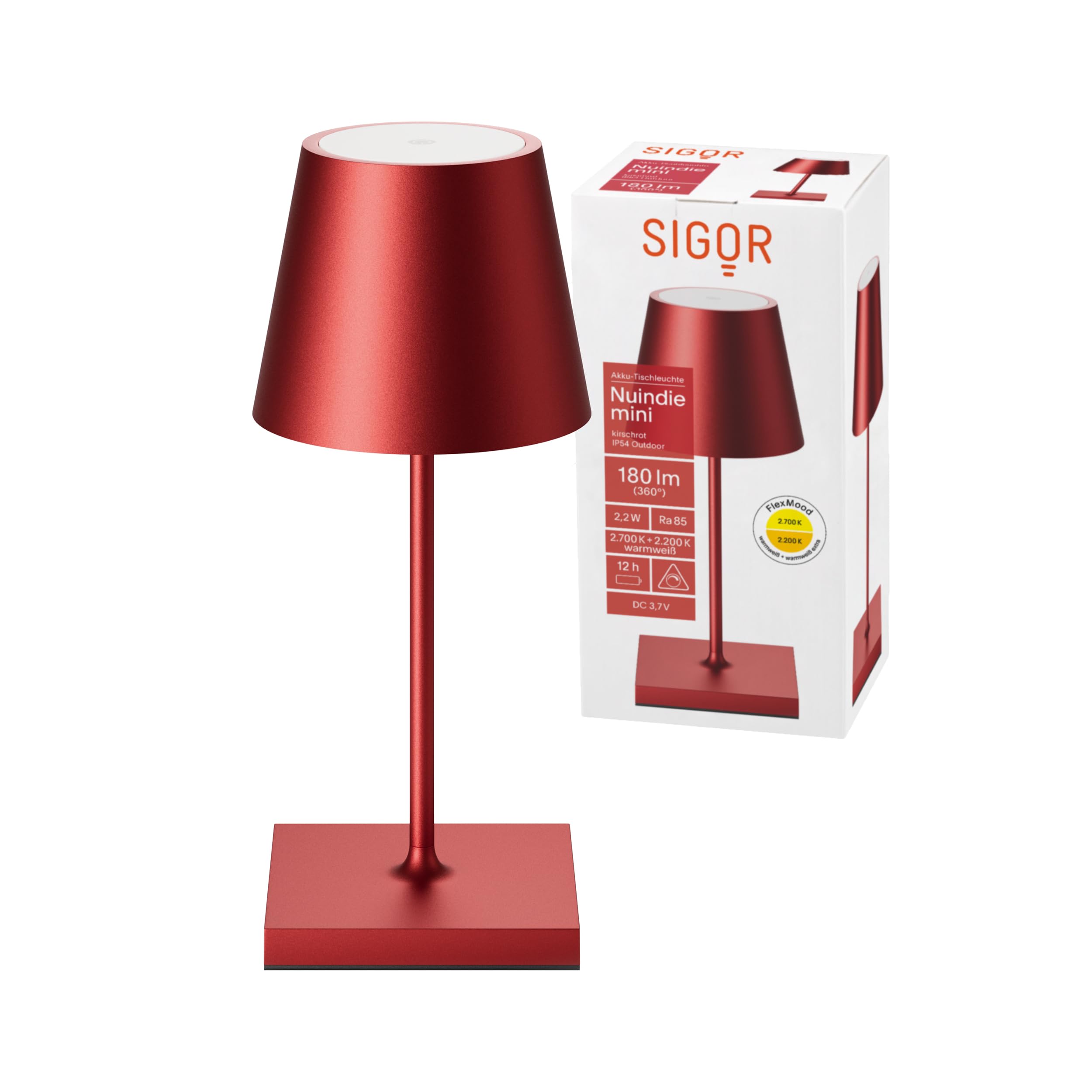 SIGOR Nuindie mini - Dimmbare kleine LED Akku-Tischlampe Indoor & Outdoor, IP54 spritzwassergeschützt, Höhe 25 cm, aufladbar mit Easy Connect, 12 h Leuchtdauer, kirschrot