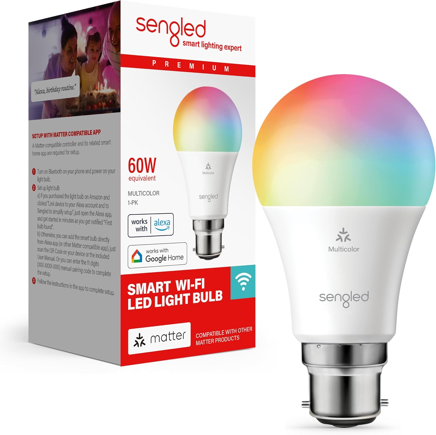Sengled LED Smart Light Bulb (B22), Matter-Enabled, Multicolour, Works with Alexa, 60W Equivalent, 800LM, Instant Pairing, Matter-Compatible Platform Required, 2.4 GHz, Wi-Fi, 1-Pack