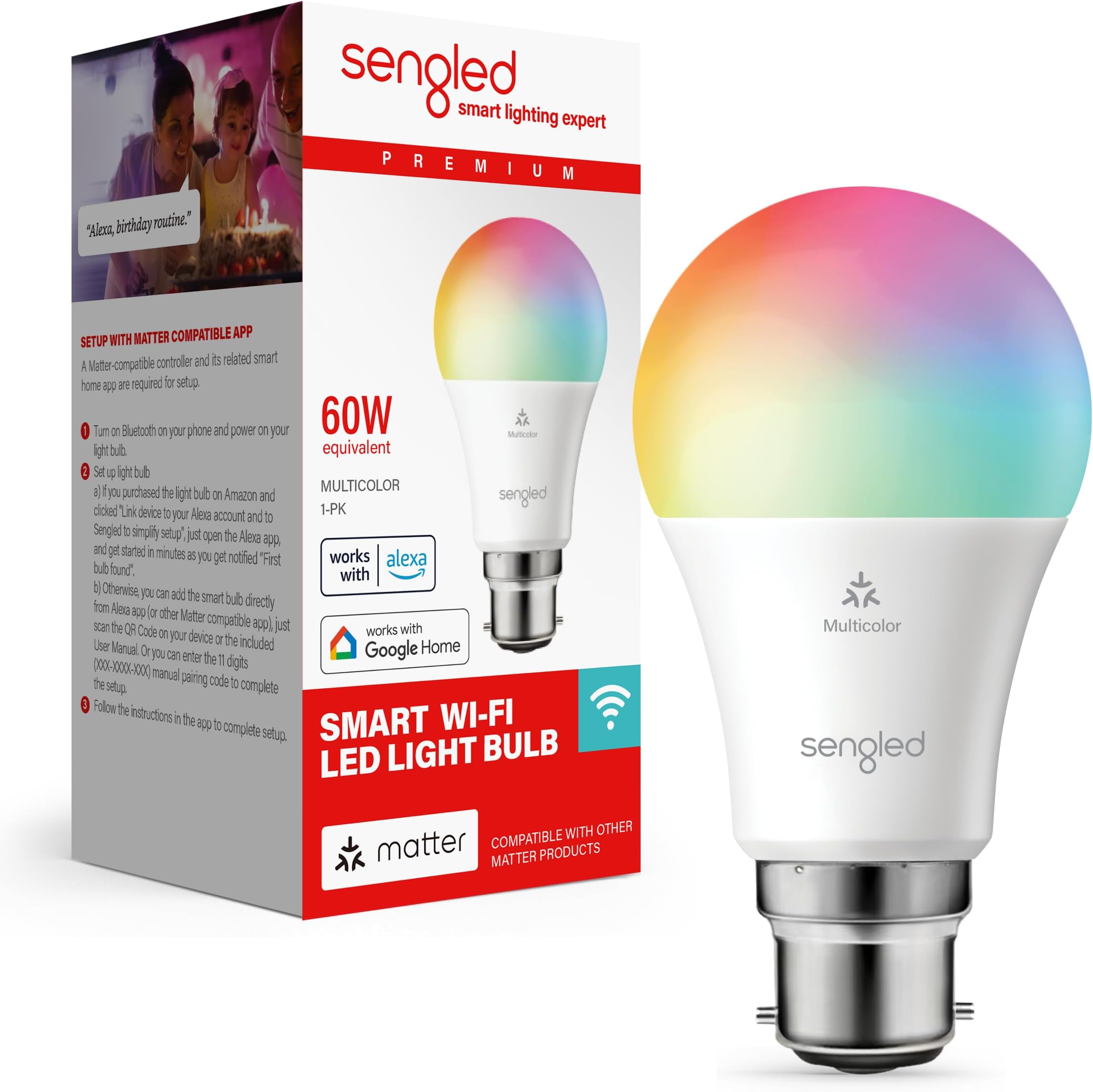 Sengled LED Smart Light Bulb (B22), Matter-Enabled, Multicolour, Works with Alexa, 60W Equivalent, 800LM, Instant Pairing, Matter-Compatible Platform Required, 2.4 GHz, Wi-Fi, 1-Pack