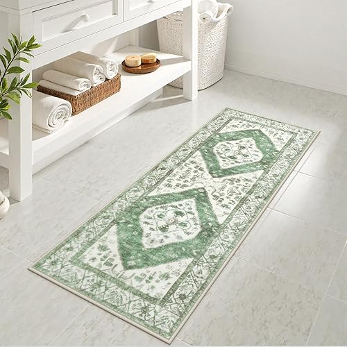 Miniatura 6 de Uphome Alfombra de baño verde bohemia, de lujo, suave, antideslizante, oriental, larga, lavable a máquina, vintage, tribal, para entrada, ducha,
