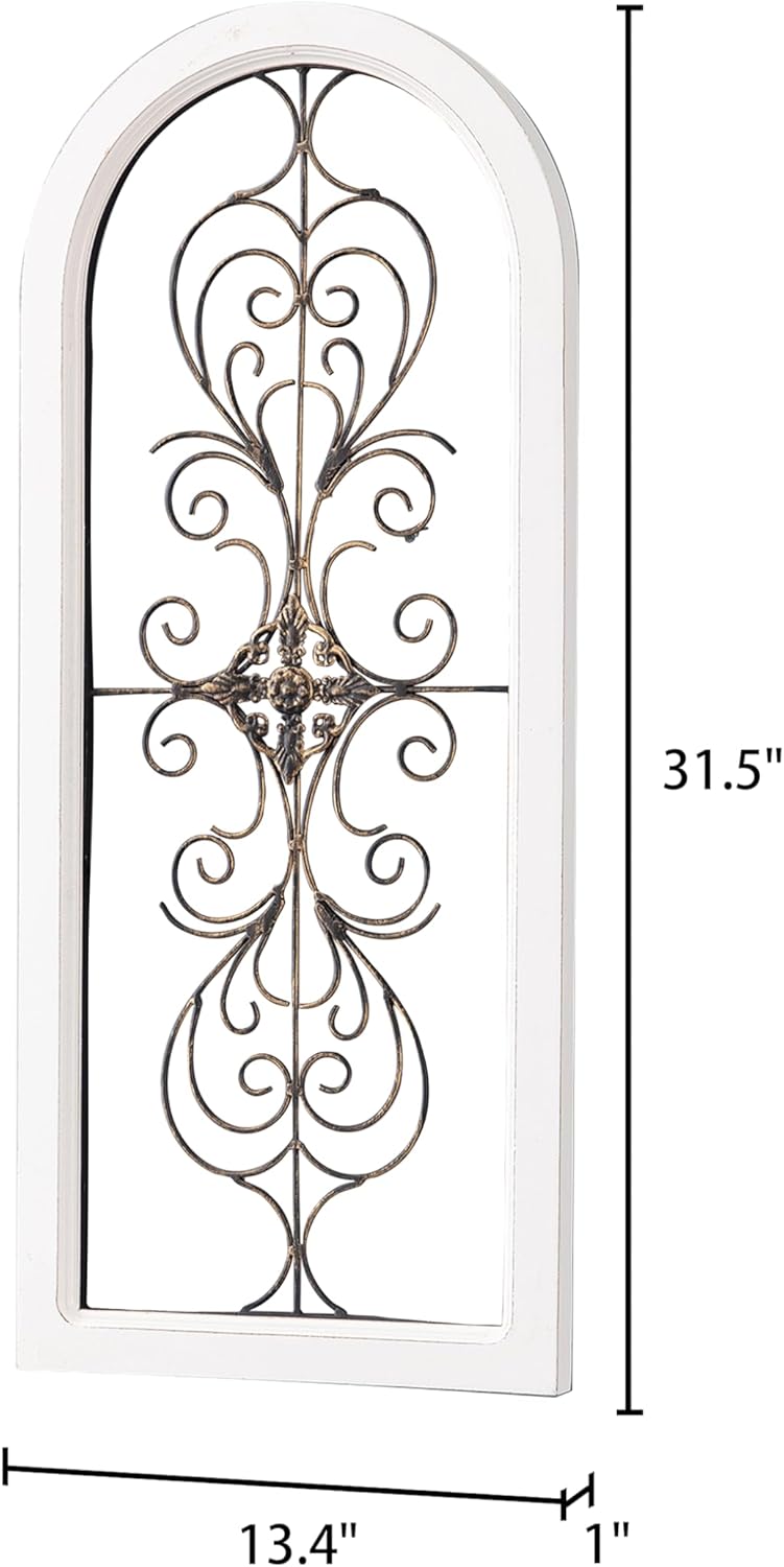 Sintosin Farmhouse White Wood and Metal Wall Decor 32 X 13 Inches, Handmade Distressed Gold and Black Wrought Iron Wall Decor Living Room Entryway, Hanging Metal Wall Art above Couch
