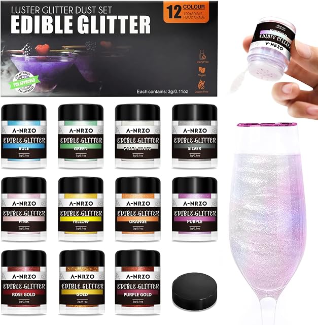 Edible Glitter, Edible Luster Dust -100% Food Grade Brew Glitter for Drinks & Food & Cake No Taste or Texture, Vegan Allergen-Free (Multi-colour set, Set of 12 colours)