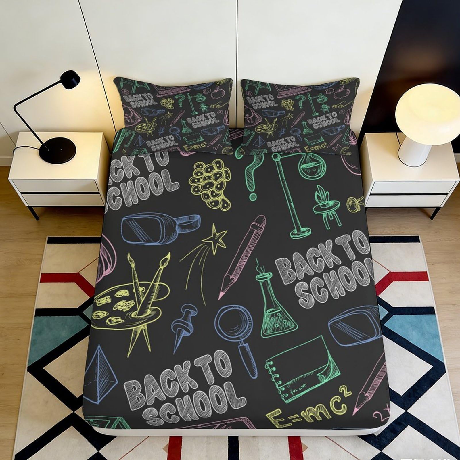 3D Printed Blackboard Graffiti Microfiber Fitted Sheet for Teens Bedroom Non-Slip Deep Pocket Blackboard Mattress Fitted Cover Washable 140x200x25cm