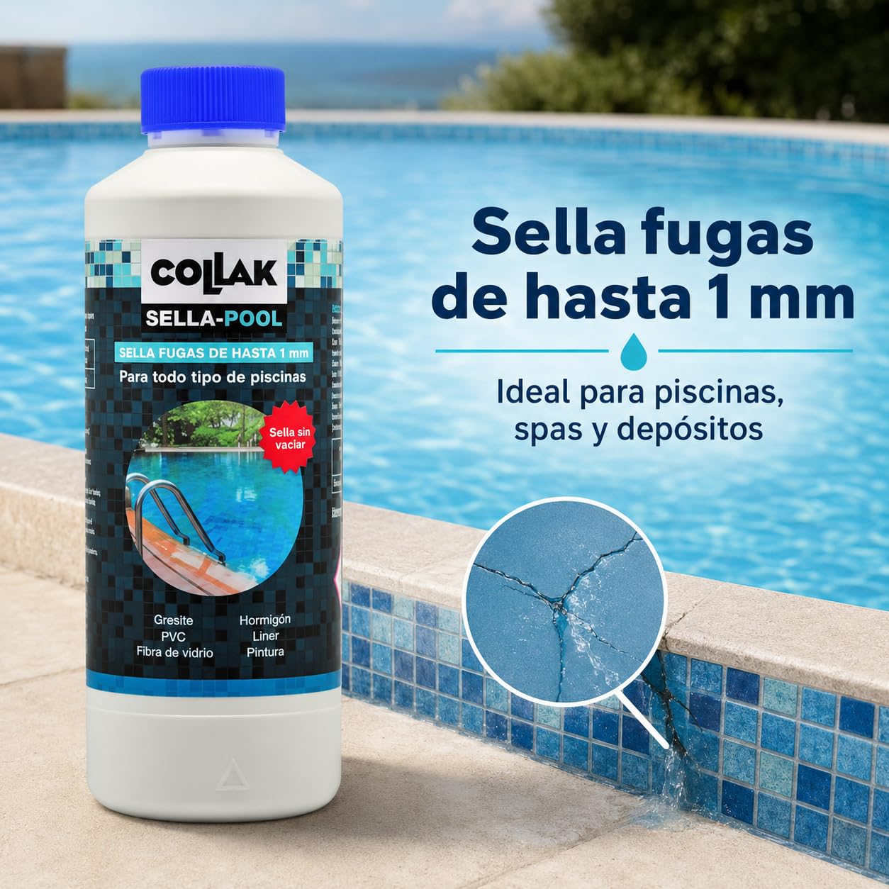 Collak Sigillante per perdite per piscina Seala-Pool 1L - Ripara crepe senza vuoto - Compatibile con Liner, Calcestruzzo, PVC, Fibra, SPA, Serbatoi e Tubi - Uso professionale e domestico
