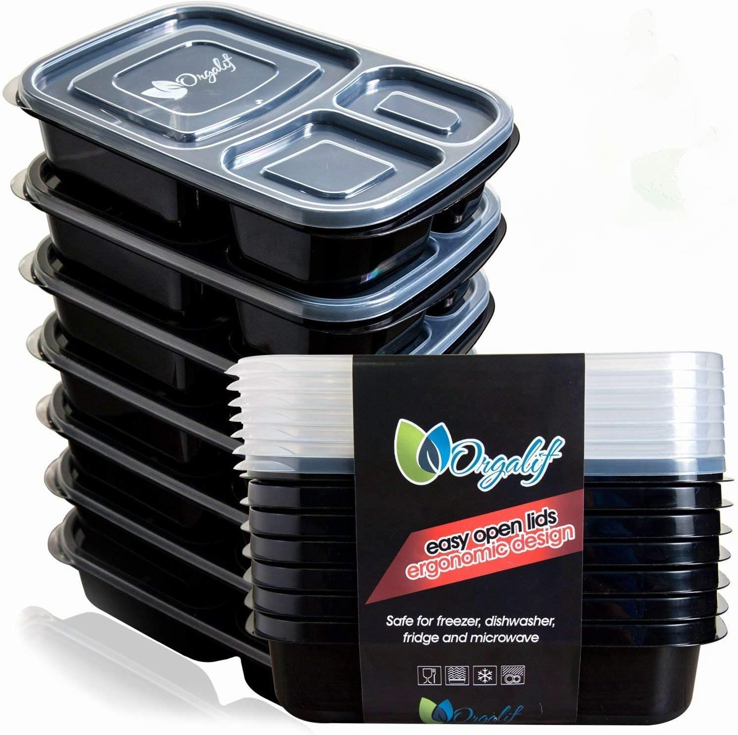 ORGALIF 7-Piece Reusable Lunchbox Durable Food Portion Control Reusable Eco-Friendly Quality Plastic BPA-Free 3 Compartment Bento Lunch