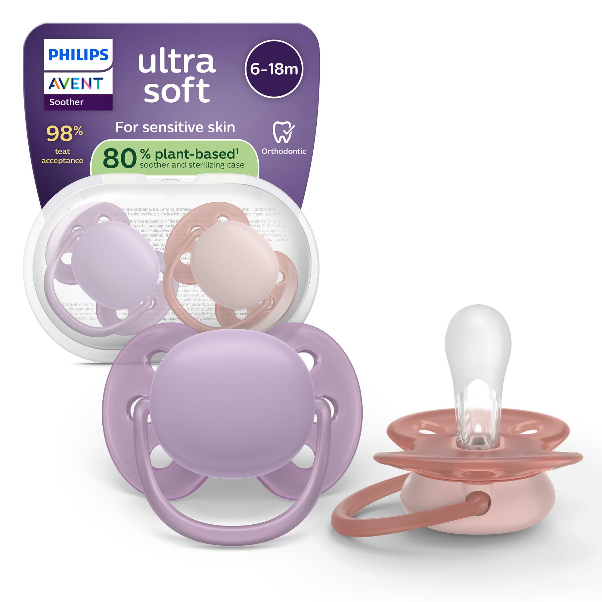 Philips Avent Ultra Soft Soothers, Orthodontic Design, for Babies 6-18 Months, Flexible Shield, Silicone Symmetrical Teat
