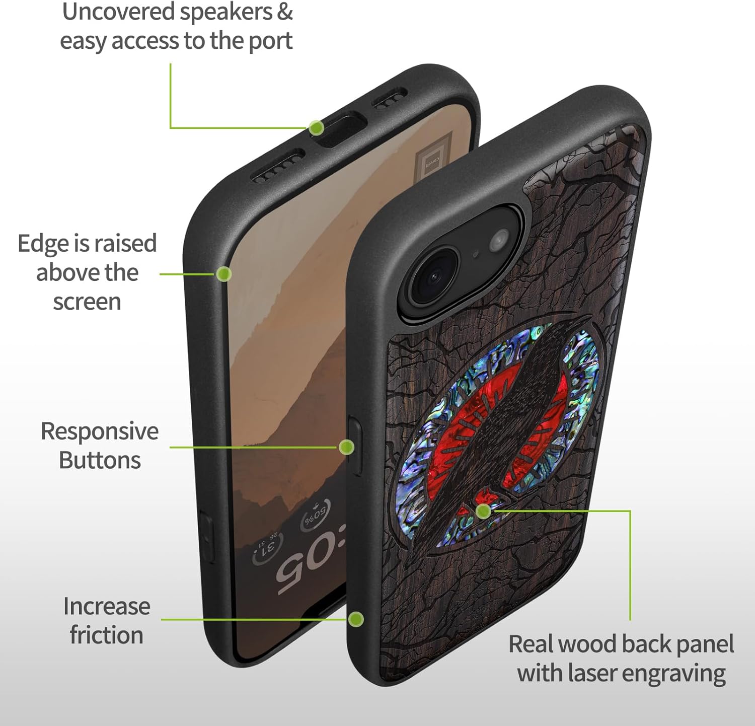 Carveit Magnetic Wooden Case for iPhone 16e / 17e, Wood Artisan Engraved & Handmade Shell Inlaid, TPU Shockproof Cover, Compatible with MagSafe Wireless Chargers, The Haloed Crow - Blackwood