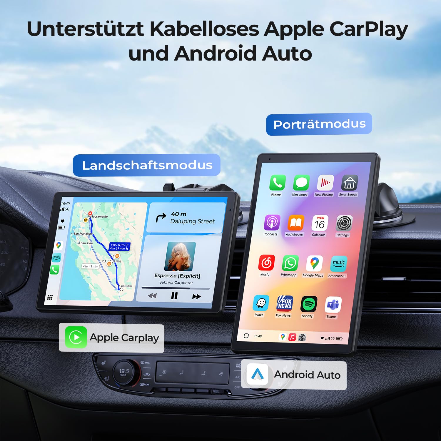 Tragbares Carplay Display 8 Zoll Apple CarPlay Android Auto 1440x900 HD Magnetische Halterung OTA-Updates Rückfahrkamera Bluetooth Sprachsteuerung GPS-Navigation