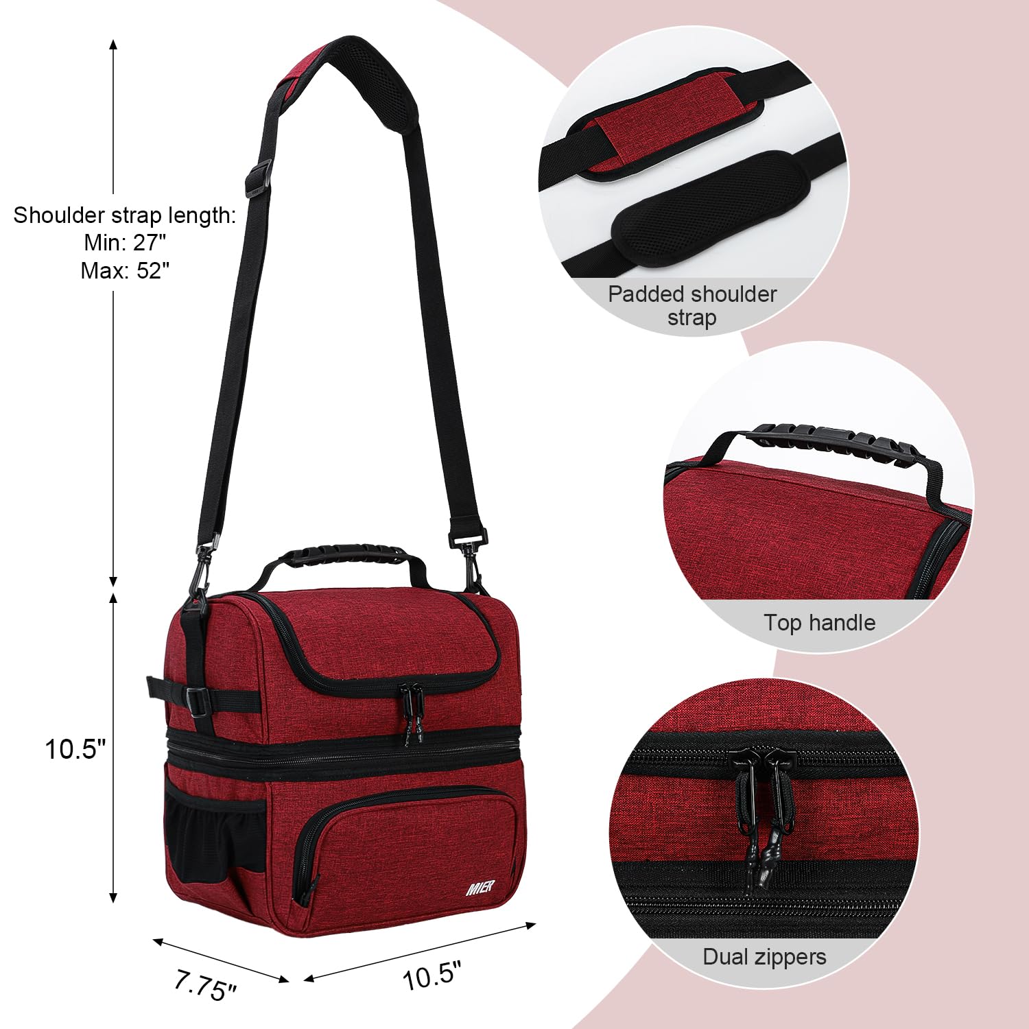 MIER Lunch Bag Men Double Deck Lunch Box Bag,Insulated Leakproof Cooler Bag Adult with Multiple Pockets for Work (Dark Red) - Image 2