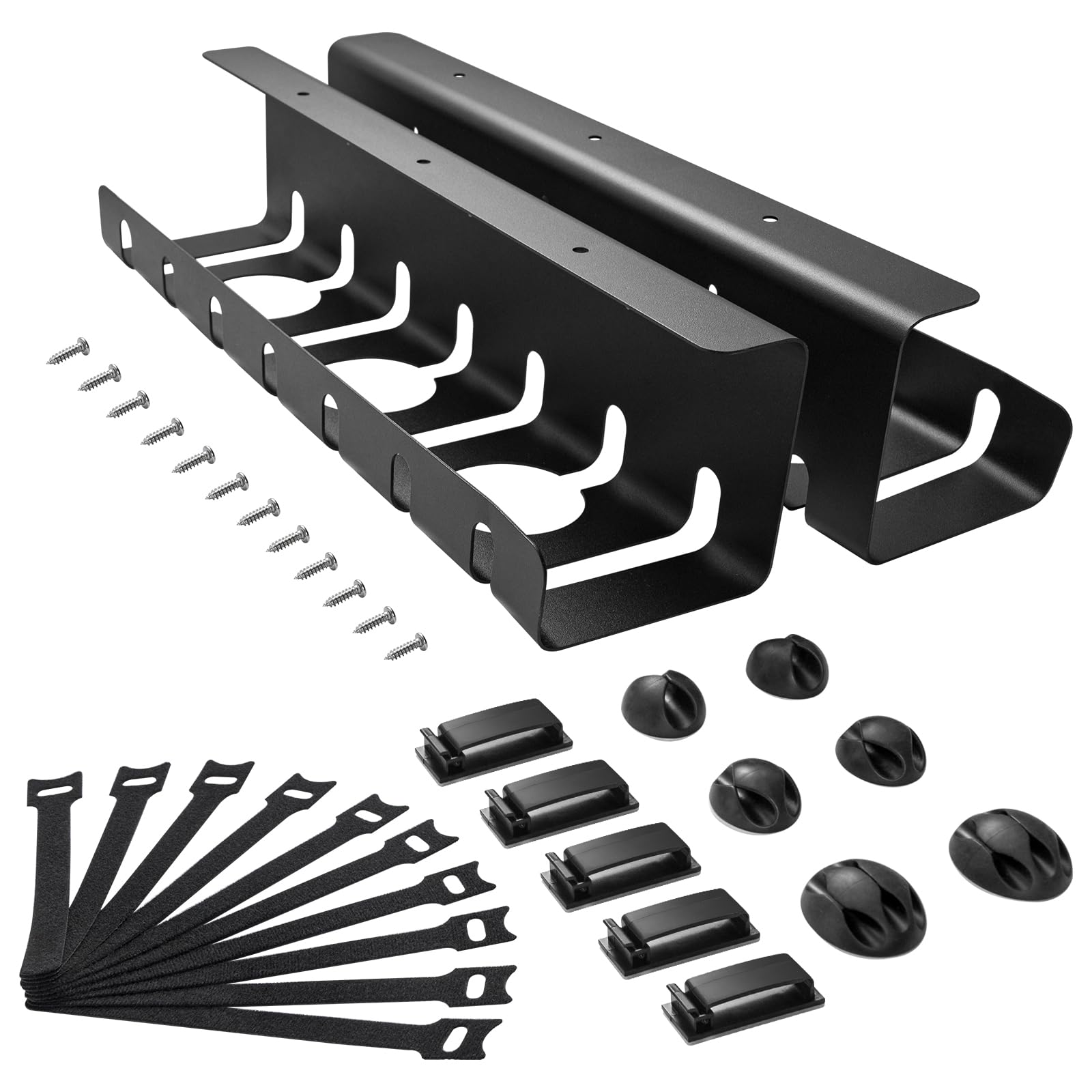 CROWNSHOP 2-Pack Under Desk Cable Management Tray No Drill with Self-Adhesive Cable Clips & Ties，Metal Cable Raceway Wire Management Tray Cord Organizer for Home Office Black