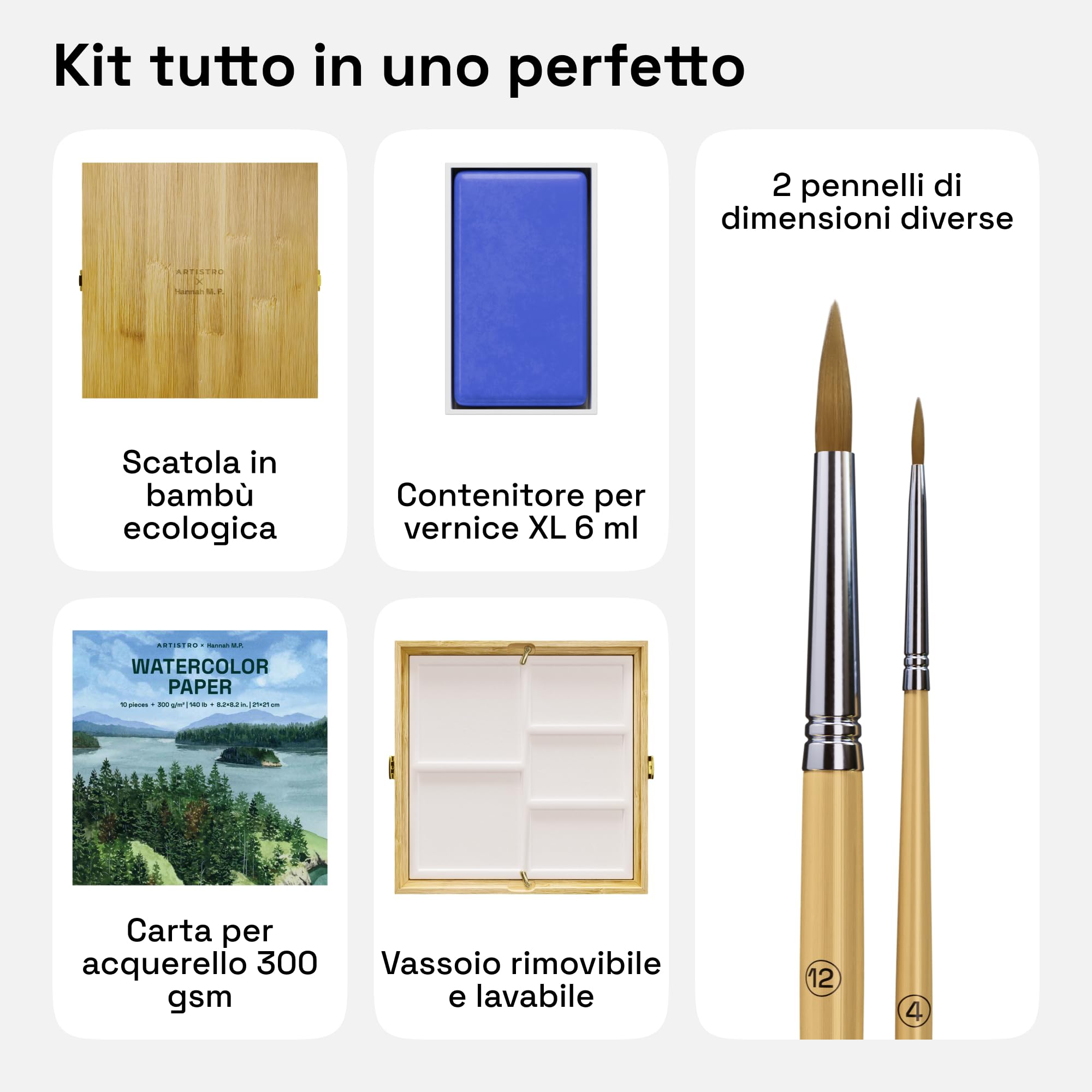 Artistro x HANNAH M.P Set di pittura ad acquerello in edizione limitata - 24 colori in scatola di legno di bambù (padelle XL da 6 ml) - 2 pennelli, carta per acquerello, vassoio di miscelazione - Set