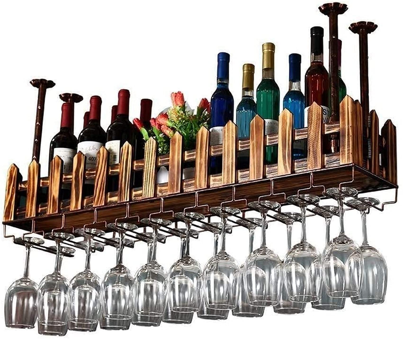 Casier à vin mural en bois massif de 80cm pour verres suspendus haut de gamme