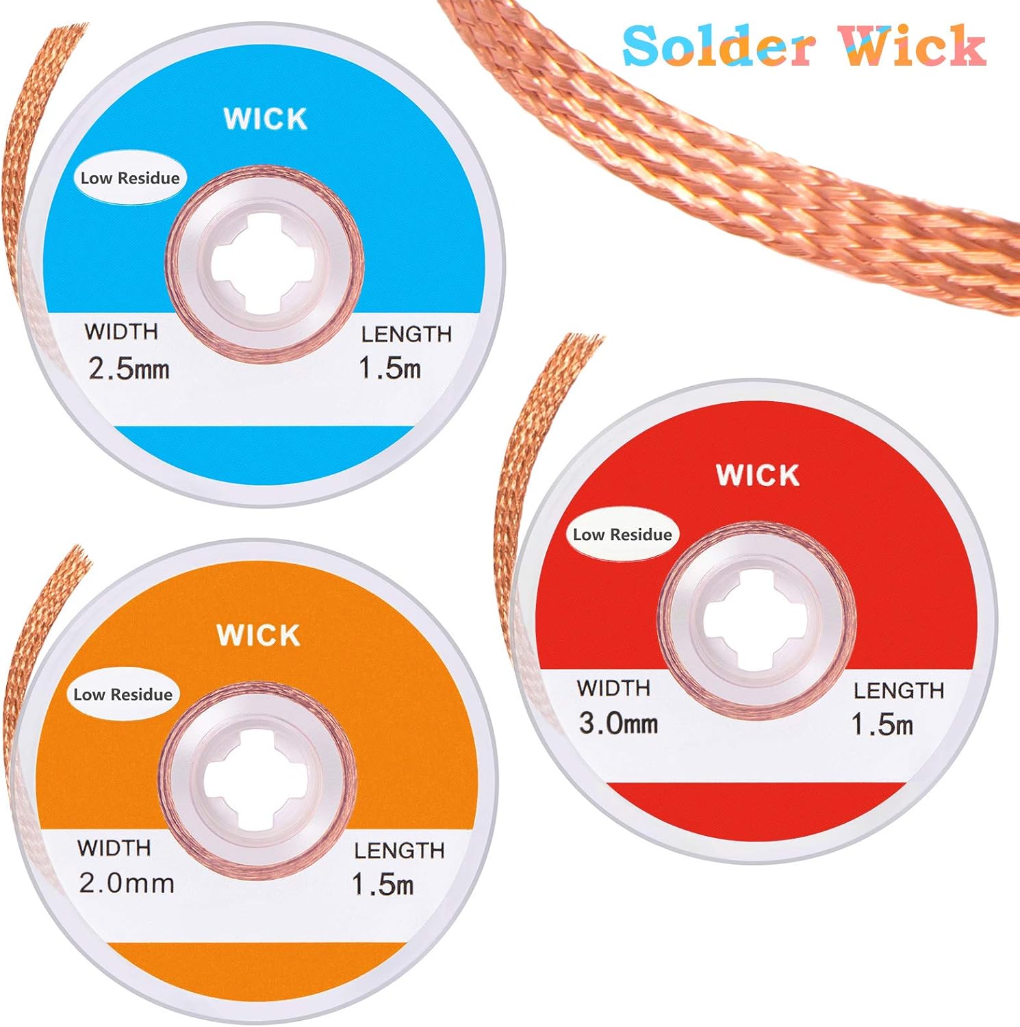 CCOZN Solder Wicks, 3 Pack No-Clean Solder Braided Wicks Desoldering Wicks For Solder Removal Tool, 0.12/0.1/0.08 Inch Width 1.5 Meter Length - - 
