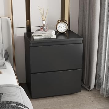 2 Drawer Nightstand, 18.9" H Black Bedroom End Table with No Handle