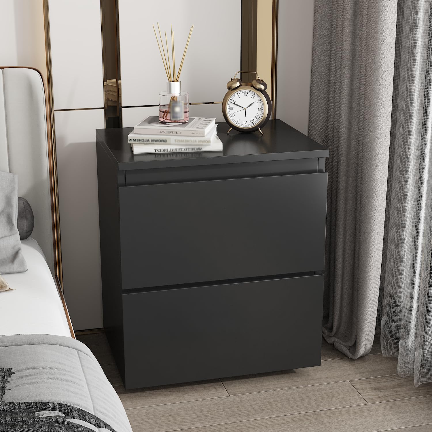 FUNISIR Nightstand with 2 Drawers, Modern Bedroom End Table with No Handle, Wooden Bedside Storage Cabinet, Balck 15.7" W x 18.9" H