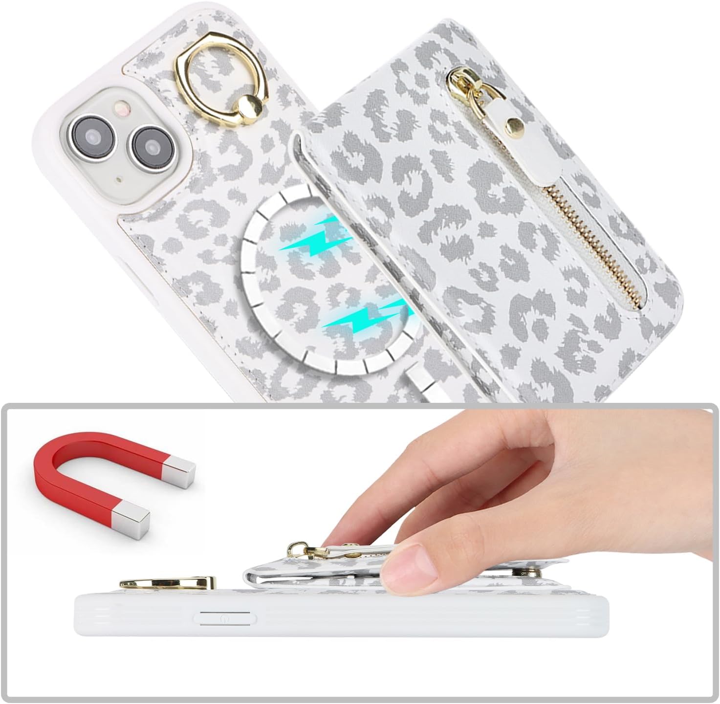 SailorTech Case for iPhone 13 Phone Case with Card Holder, Cover for iPhone 13 Case Ring Stand with Kickstand Card Slots Wallet Detachable 2-in-1 Zipper Case - White Leopard 6 71aY8smpA3L. AC SL1500