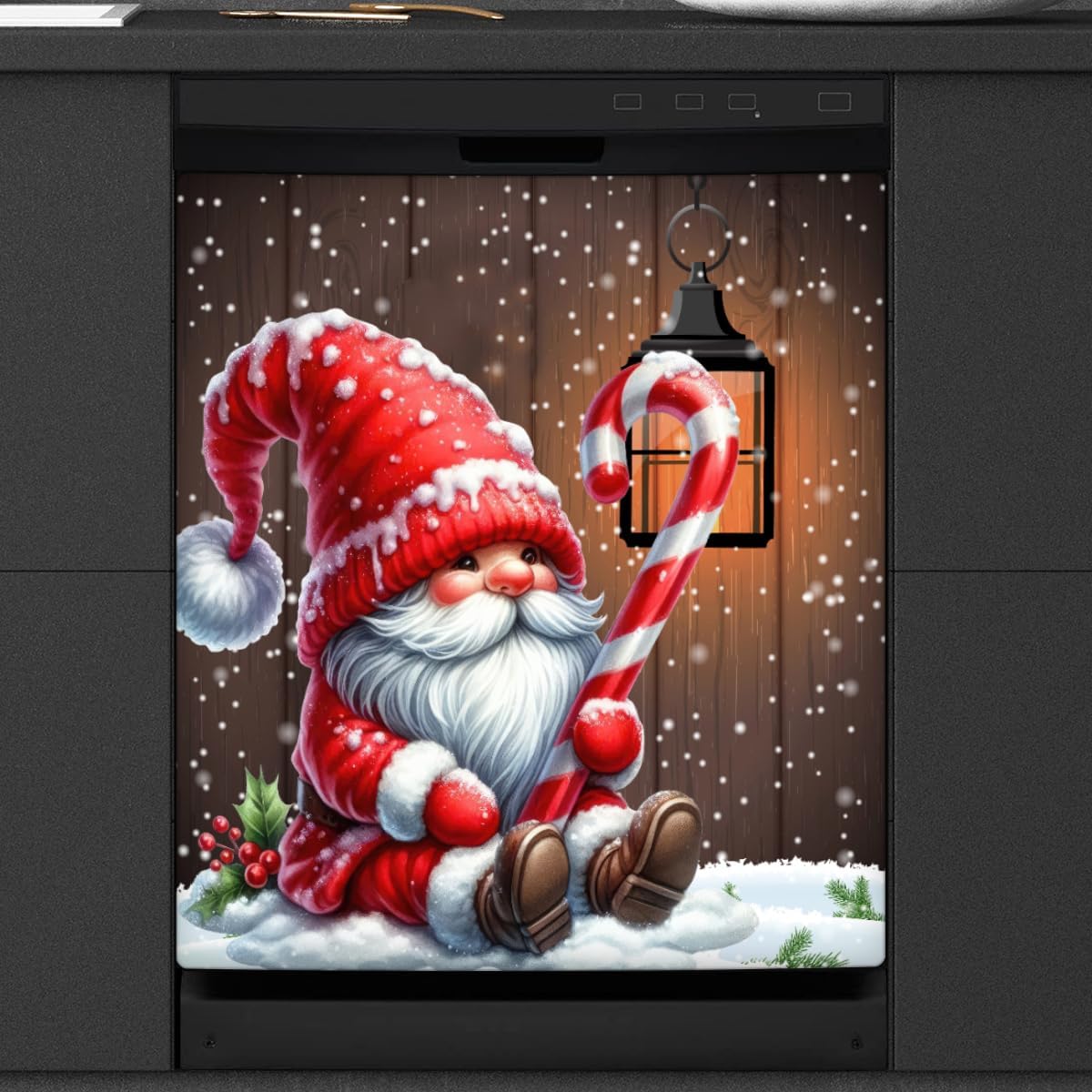Magnetic Dishwasher Cover Christmas Dwarf Hat Snowflakes Dishwasher Covers Decorative for The Front,Magnetic Refrigerator Cover Panel Decal Skin for Kitchen Cabinet Appliance 26"X23"