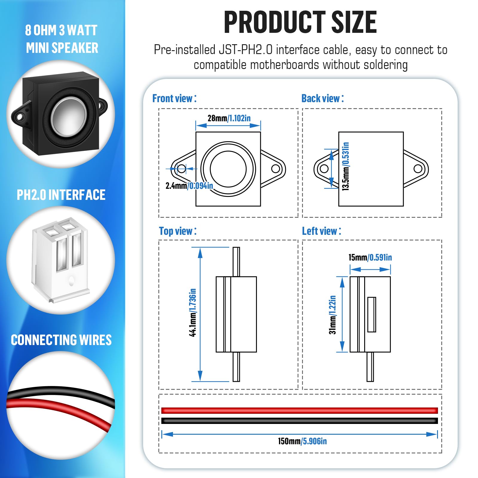 CQRobot 2 Pièces Haut-parleurs Miniatures de 8 Ohms et 3 Watts 28 * 31 mm avec Câble de Connecteur JST-PH 2,0 mm de 15 cm, Compatibles avec Arduino, Adaptés aux Petits Projets Electroniques.
