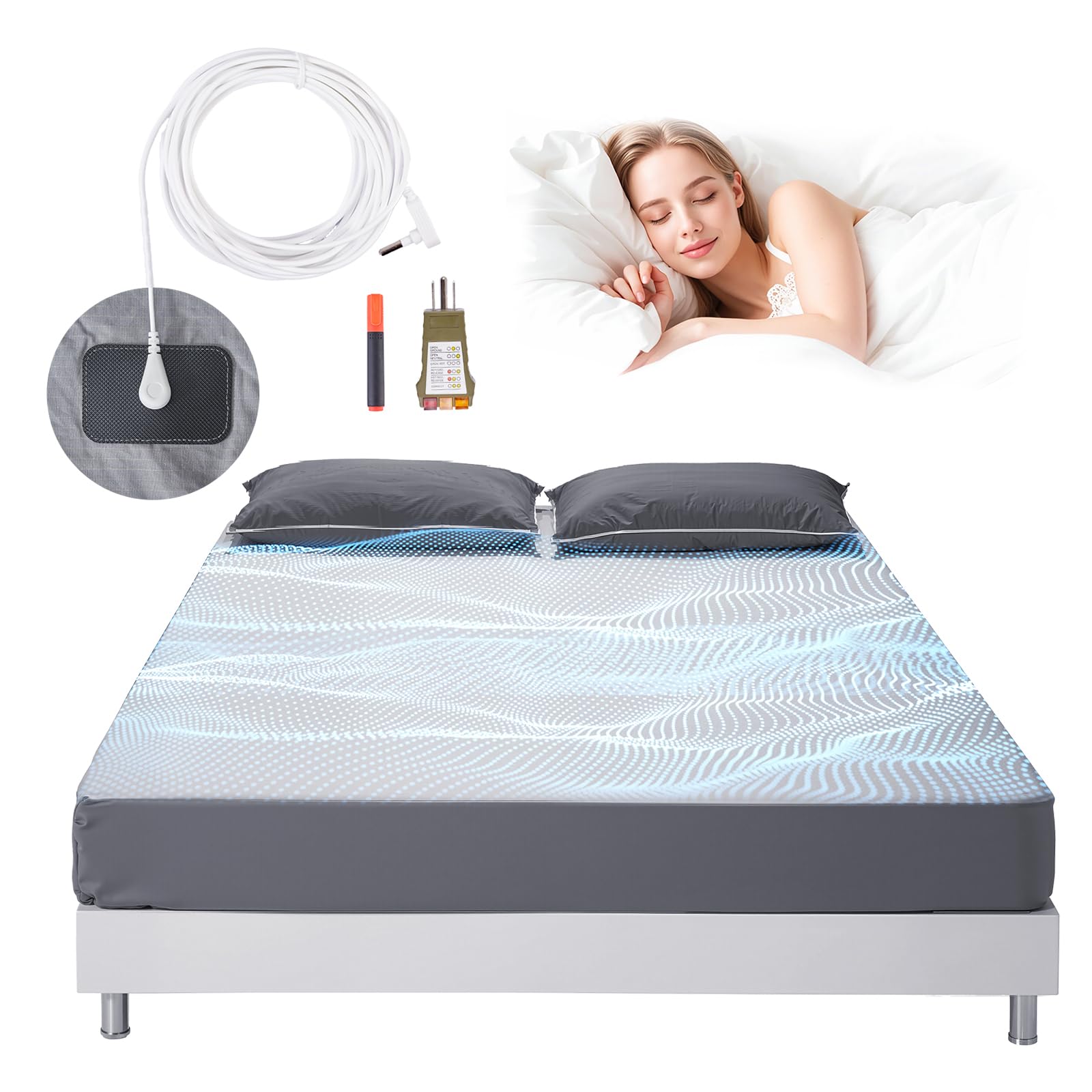 VEVOR Grounding Sheets, King Size, 95% Cotton + 5% Pure Silver Fiber, Earth Grounded Fitted Bed Sheets, with Grounding Cord & Tester, for Improved