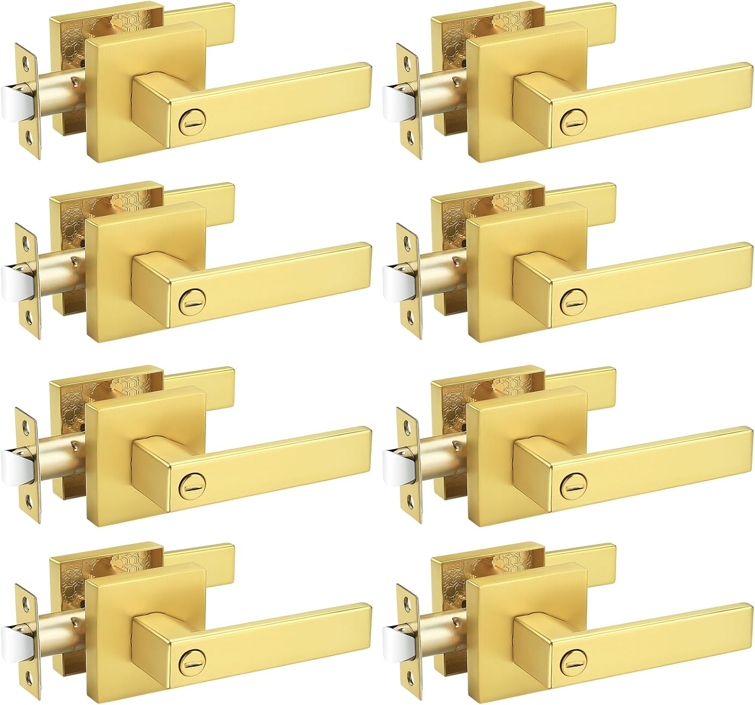 Probrico 8 Pack Gold Privacy Door Handles,Heavy Duty Satin Brass Door Knobs with Lock for Bedroom and Bathroom,Square Interior Keyless Locksets