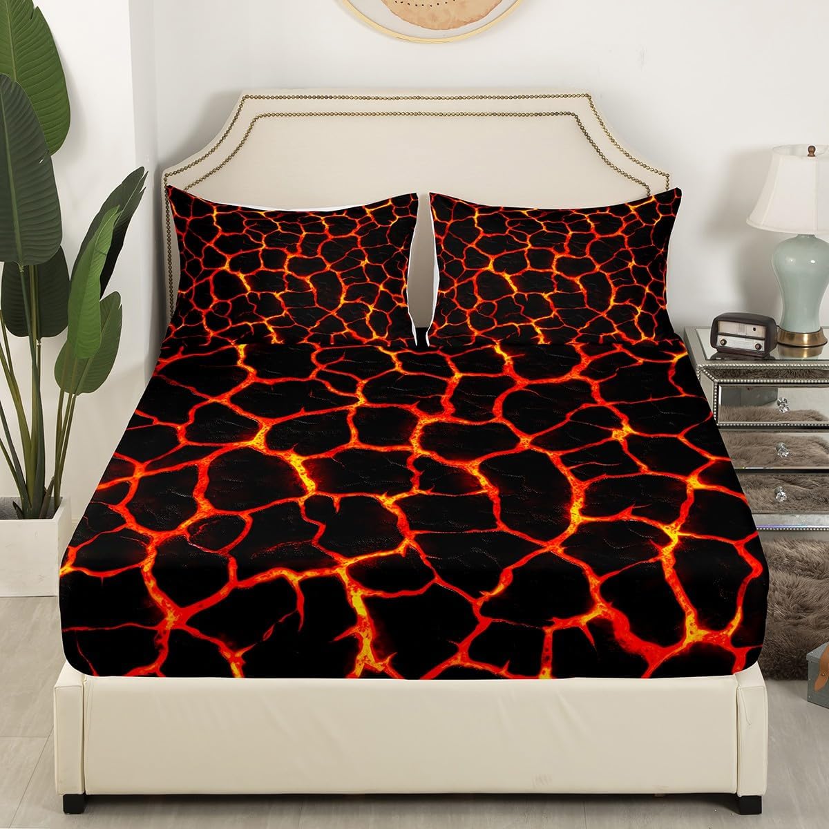 Volcano Lava Bed Sheet Set Red Orange Flame 3D Geometric Patchwork Sheet Sets Deep Pocket(No Flat Sheet),Volcano Eruption Natural Disaster Mattress Cover,Twin with 1 Pillowcase
