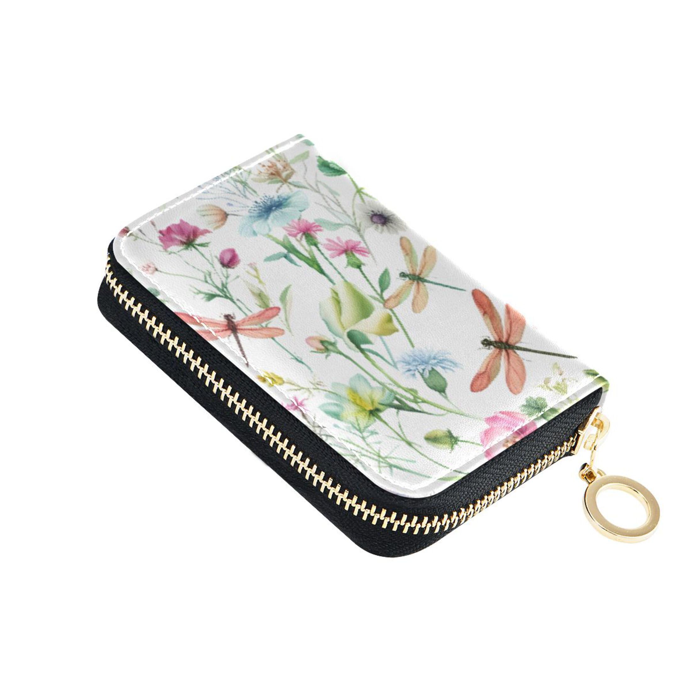 Burbuja Flowers Dragonflies Credit Card Holder for Women Men RFID Blocking, Leather Accordion Zipper Card Case Wallet 11 Slots