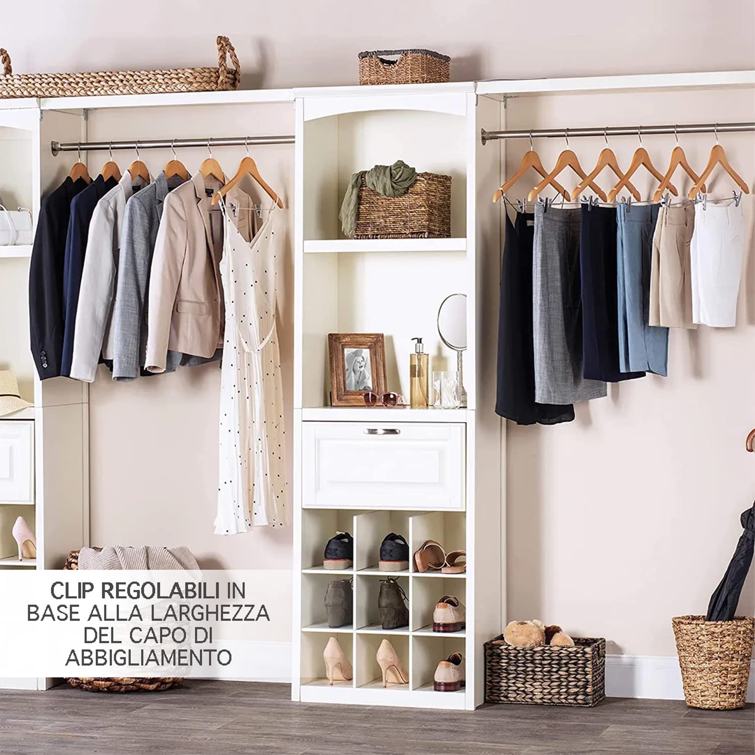 IlGruppone Grucce in Legno Naturale con Clip Regolabili 10 Pezzi Appendino Armadio Appendiabiti Pantaloni Gonne Giacche Gancio Girevole 360°